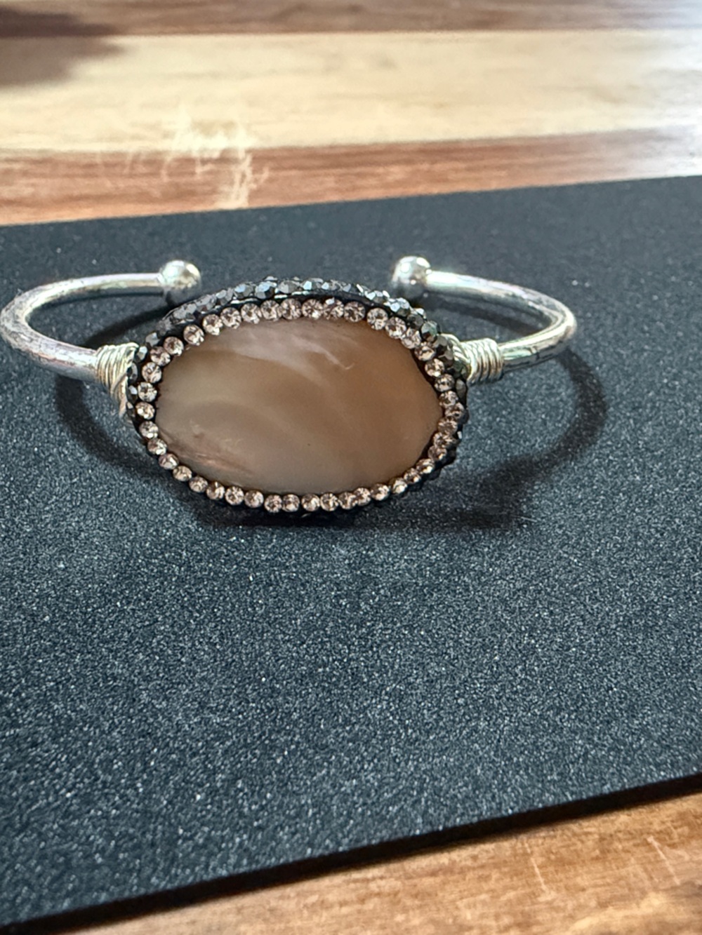 Silver Tone Natural Stone Rhinestone Halo Cuff Bracelet